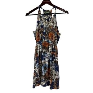 Maude Women Dress S Blue Floral Halter Tank Cami Blouson Short Mini Gold Accent